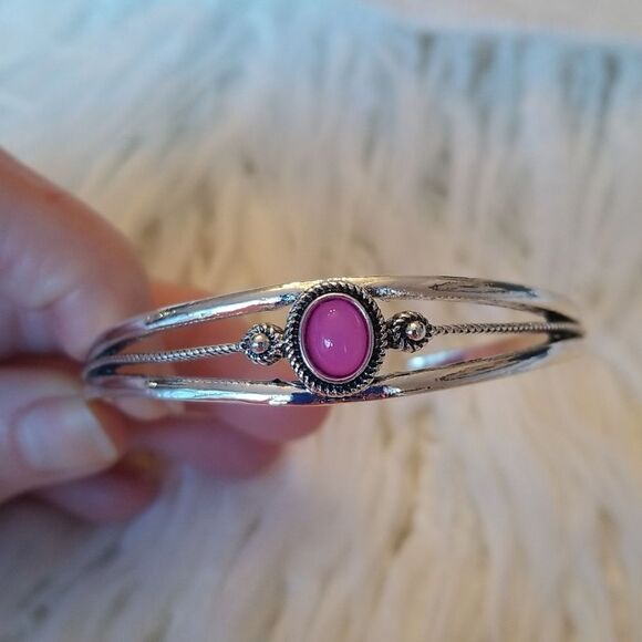 Bangle bracelet pink gemstone silver - Picture 8 of 9